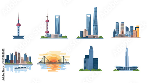 Iconic city skylines and landmarks collection in modern flat design
