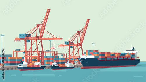 Modern shipping port with container cranes and cargo ships in flat design