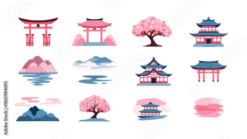 Minimalist japanese icons: temples, cherry blossoms, and scenic landscapes in pink tones