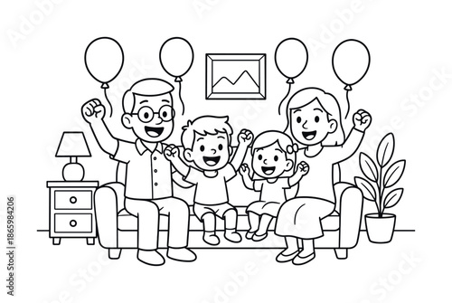 Happy Family Coloring. Celebrating a finished room children?s coloring book illustration, outlined drawing, cartoon family sitting happily in a newly arranged