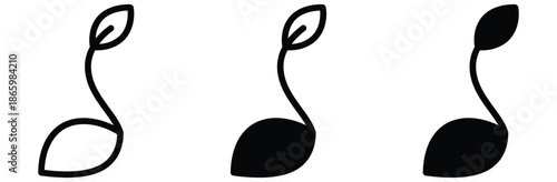 Three seedling illustrations with varying leaf and seed styles,Leaf Growth Icon Black and White Vector Graphic