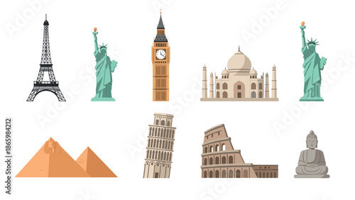 Iconic world landmarks collection featuring famous structures and monuments in flat design