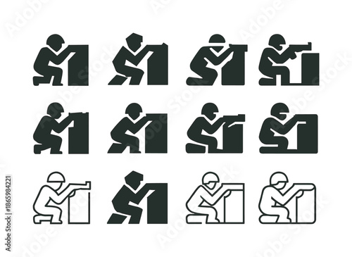 Soldier Icon Variations. Enemy soldiers hiding. Icon set. Set Logo of Enemy soldiers hiding: soldier crouched behind barrier. harmonious logo variations of the