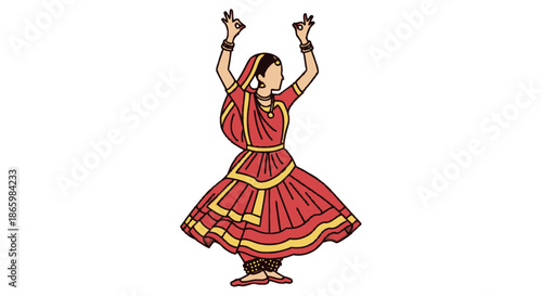 Indian Woman Performing Classical Dance in Traditional Red Dress with Bells.