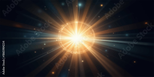 Bright shining star or sun with rays and lens flares in dark space