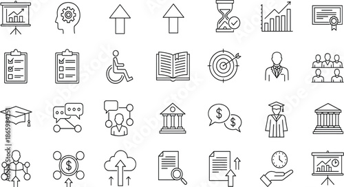 Set of business and education line icons, growth, strategy, success, graduation, teamwork, finance, management, target, vector illustration collection isolated.
