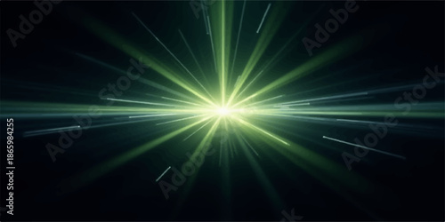 Bright light shining in dark space with radiating beams and lens flares