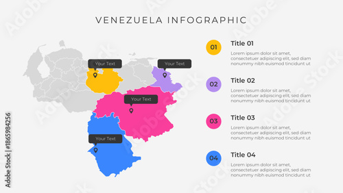 Venezuela map infographic template with 4 options. Venezuela political map infographic for presentation.