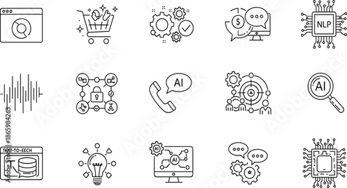 Set of artificial intelligence icons, machine learning symbols, neural network, NLP, text to speech, AI technology, smart data, and digital innovation (21 words)