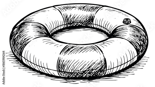 Hand drawn line art illustration of an inflatable ring depicting a pool float for summer recreation