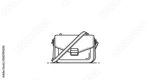 A simple black and white line art illustration of a womens crossbody handbag with a shoulder strap and clasp.