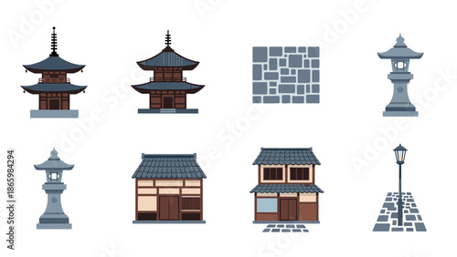 Traditional japanese architecture and elements: icons of pagodas, lanterns, and houses