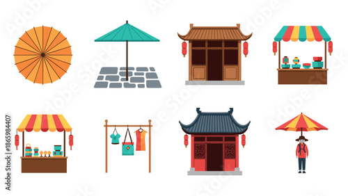Collection of traditional asian market elements and structures in flat design