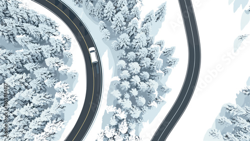 Aerial view of winter road through snowy forest with curved highway and car