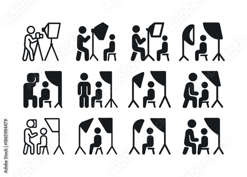 Studio Portrait Icons. Taking portraits in a studio. Icon set. Set Logo of Taking portraits in a studio: studio softbox. harmonious logo variations of the same