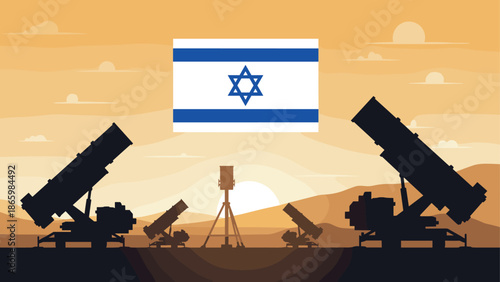 Silhouette of missile defense systems at sunset beneath israeli flag