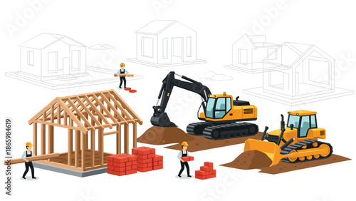 Residential house construction with workers carrying wood and bricks, an excavator, and a bulldozer, demonstrating the building process.