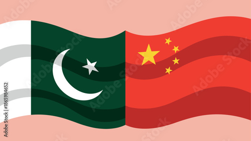 Waving flags of pakistan and china on light pink background