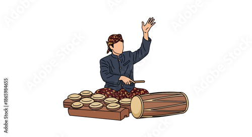 An illustration of a traditional Javanese musician playing the bonang part of a gamelan ensemble.