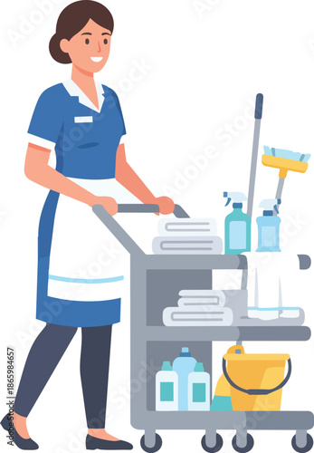 Smiling Female Cleaner Pushing Service Cart with Cleaning Supplies