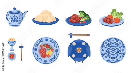 Traditional chinese dining elements with blue porcelain patterns