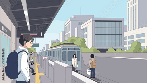 Commuters at city train station in urban setting with modern architecture