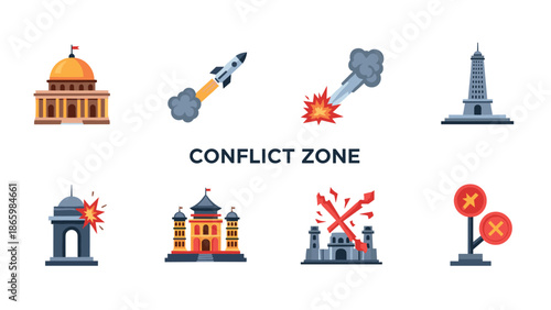 Conflict zone icons: war theme with explosions and military symbols