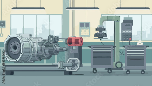 Industrial workshop with machinery and tools in flat design style