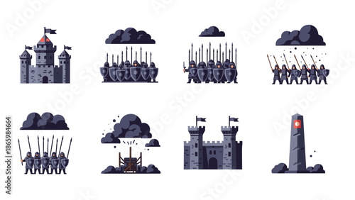 Medieval icons set: warriors, castles, and monuments in flat style