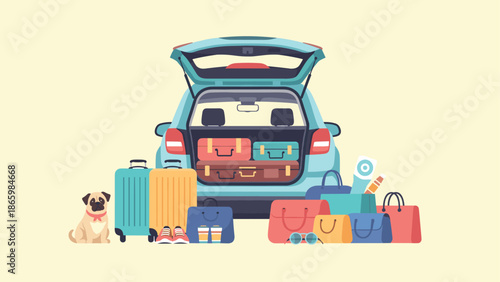 Family road trip preparation with luggage, dog, and car ready for travel adventure