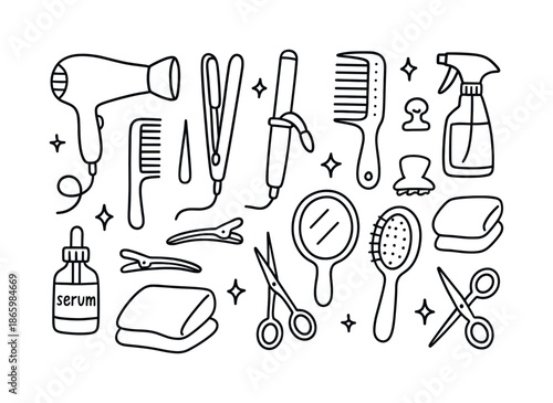 Hair Styling Essentials. Hair styling tools. Hand-drawn doodle illustration hair styling tools hairdryer, flat iron, curling wand, comb, brush, clips, spray