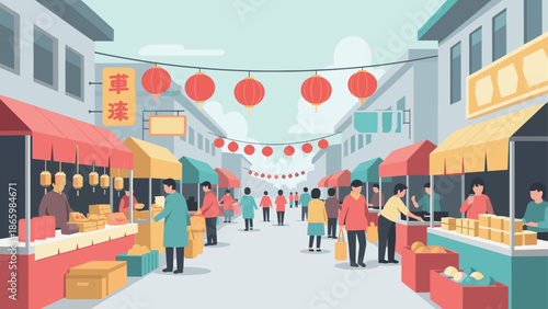 Bustling asian street market with red lanterns and stalls in flat design