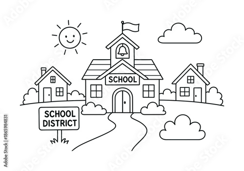 Cheerful Schoolhouse Coloring. School district children?s coloring book illustration, outlined drawing, a cheerful schoolhouse with a small district sign and