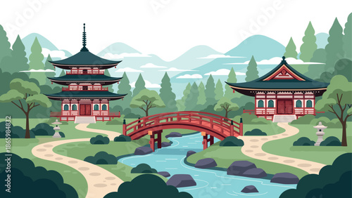 Tranquil japanese garden with traditional pagoda and bridge in serene mountain landscape