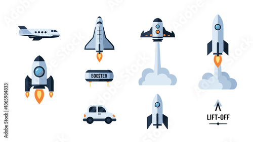 Flat style rocket icon set with spacecraft and launch elements
