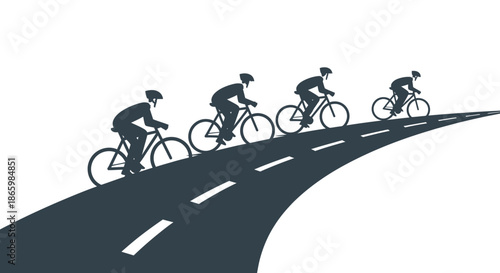 Silhouettes of cyclists racing on a winding road.