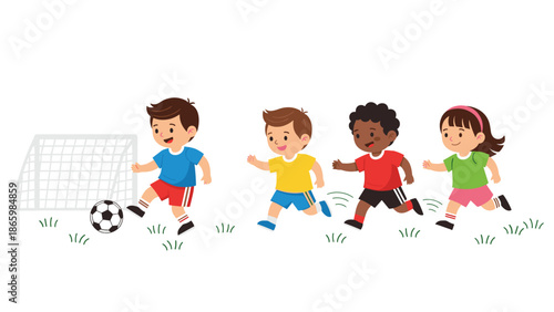 Group of cheerful multi-ethnic children playing soccer together on a grassy field with a small goal, demonstrating fun and teamwork.