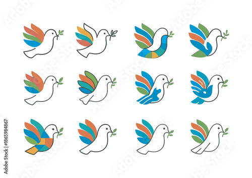 Diverse Peace Dove Icons. Racial Equality. Icon set. Set Logo of Racial Equality: peace dove with multicolored wings. harmonious logo variations of the same