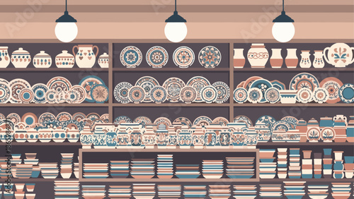 Colorful pottery display in a cozy storefront with decorative plates and vases