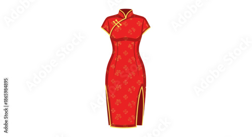 Elegant Red Cheongsam Dress with Gold Accents Traditional Chinese Clothing.
