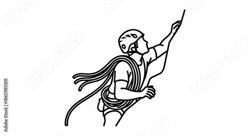 Line art illustration of a rock climber ascending a vertical surface with a rope.