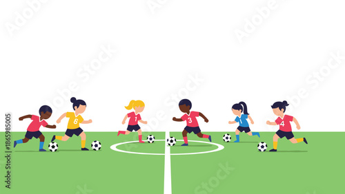 Diverse group of young children playing a lively game of soccer on a marked green field with multiple balls, promoting teamwork and exercise.