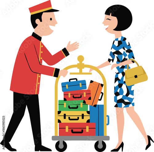 Bellhop Pushing Luggage Cart for Smiling Female Hotel Guest