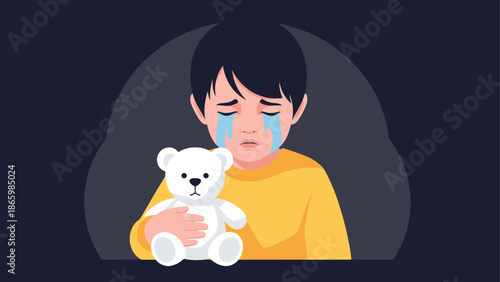 Child with teddy bear crying in dark room
