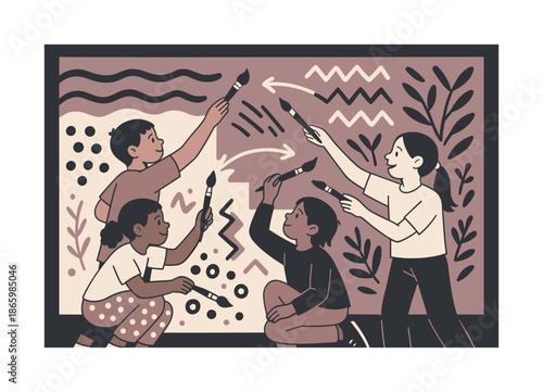 Children's Mural Collaboration. Art collaboration. A group of children work together on a giant mural, passing brushes and adding patterns as arrows show
