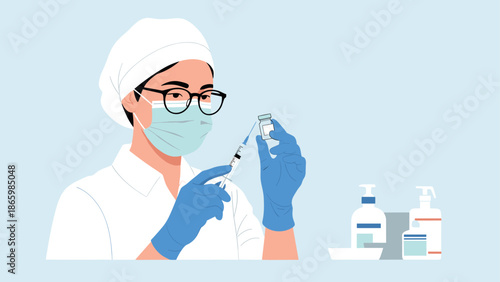 Healthcare worker preparing vaccine with safety gear and medication supplies