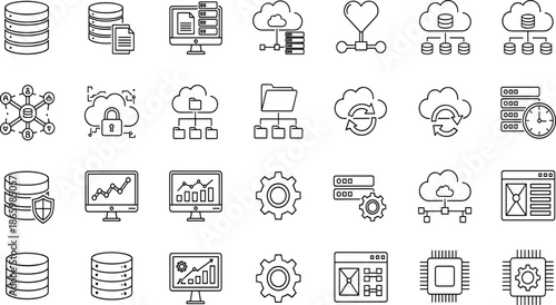 Set of cloud computing icons, data management symbols, network infrastructure, database server, hosting service, information security, computing technology, and digital storage (21 words)