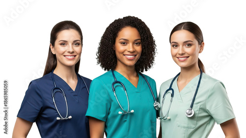 Three female medical professionals wearing scrubs and stethoscopes isolated on white transparent png background download