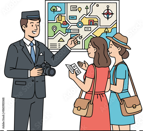 Tour Guide Explaining City Map to Female Tourists, Planning Trip