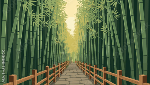 Tranquil bamboo forest pathway with wooden fence in serene nature scene